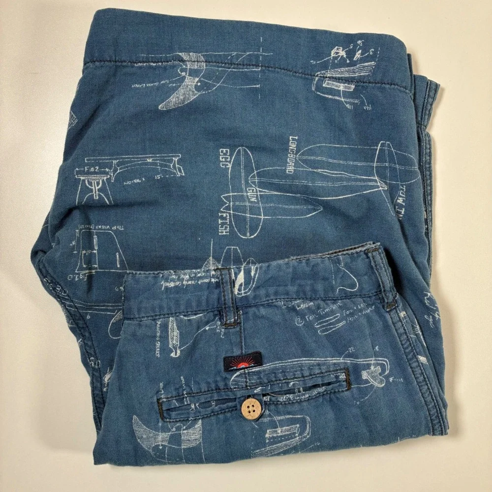 Faherty Linen Blend Shorts 32 Blue Linen Surfboard Beach Blueprint All Over AOP